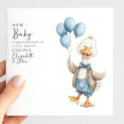 New Baby Card – Personalised Blue Balloon Card With Goose Illustration