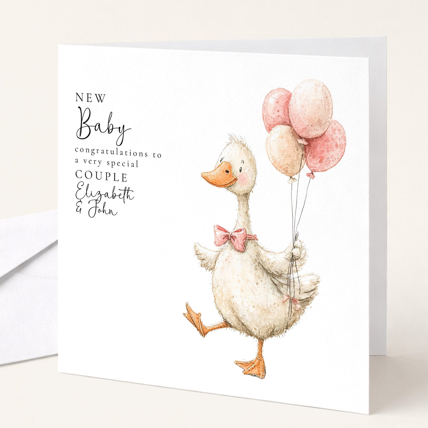 New Baby Card – Personalised Pink Balloon Card With Hand-Drawn Goose Design