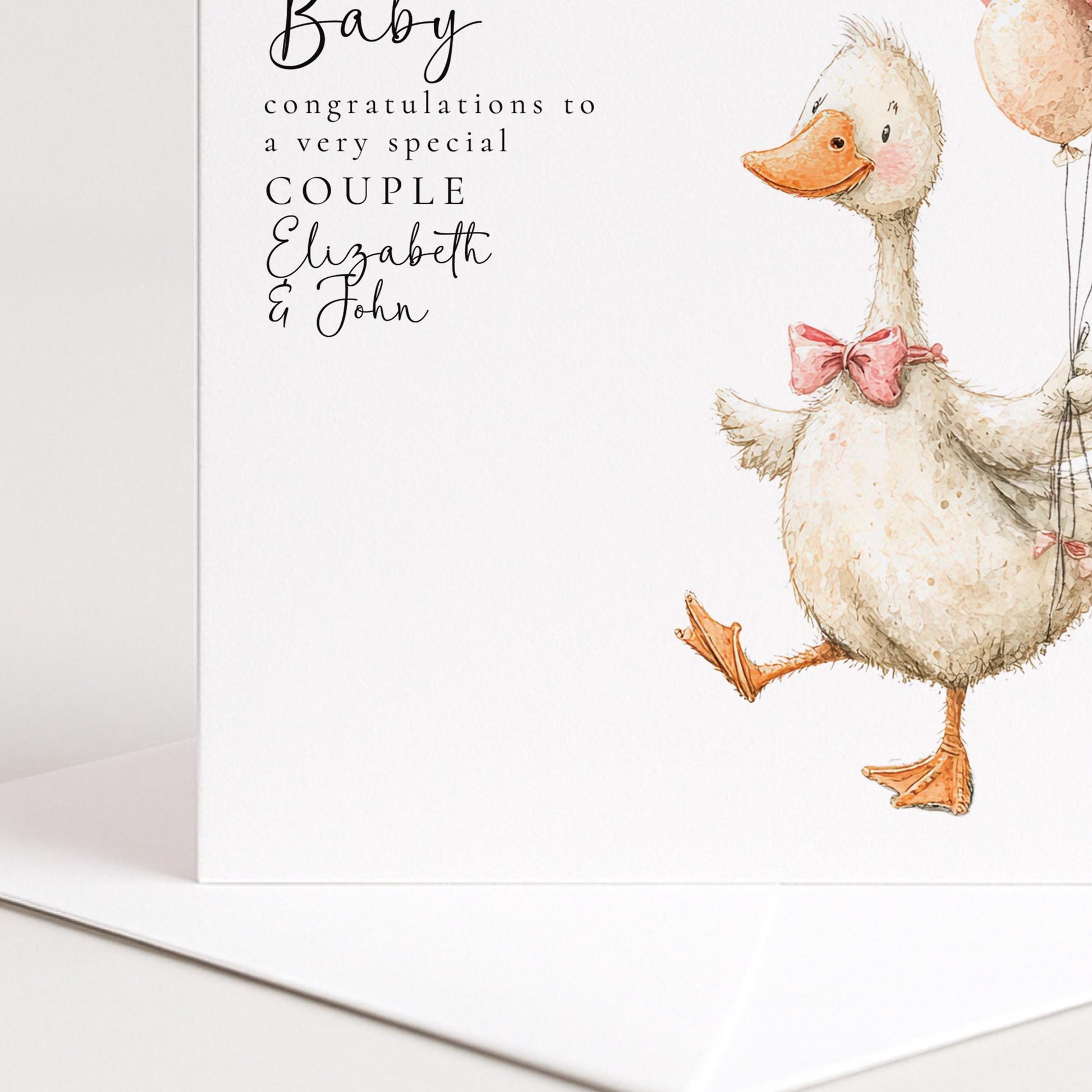 New Baby Card – Personalised Pink Balloon Card With Hand-Drawn Goose Design