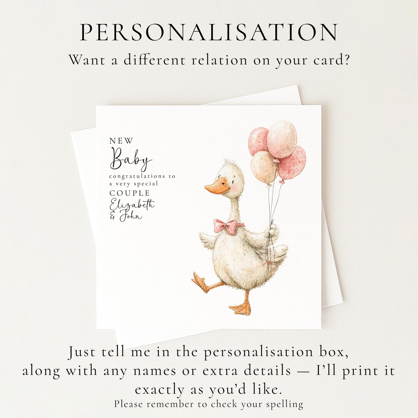New Baby Card – Personalised Pink Balloon Card With Hand-Drawn Goose Design