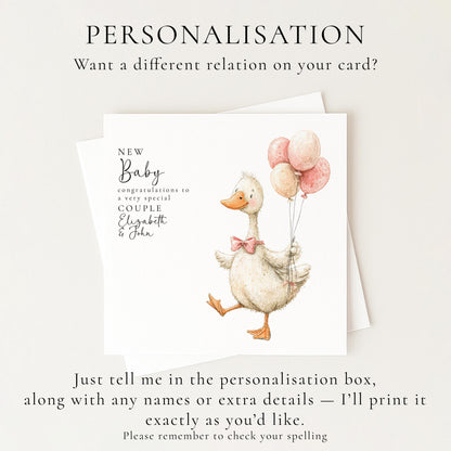 New Baby Card – Personalised Pink Balloon Card With Hand-Drawn Goose Design