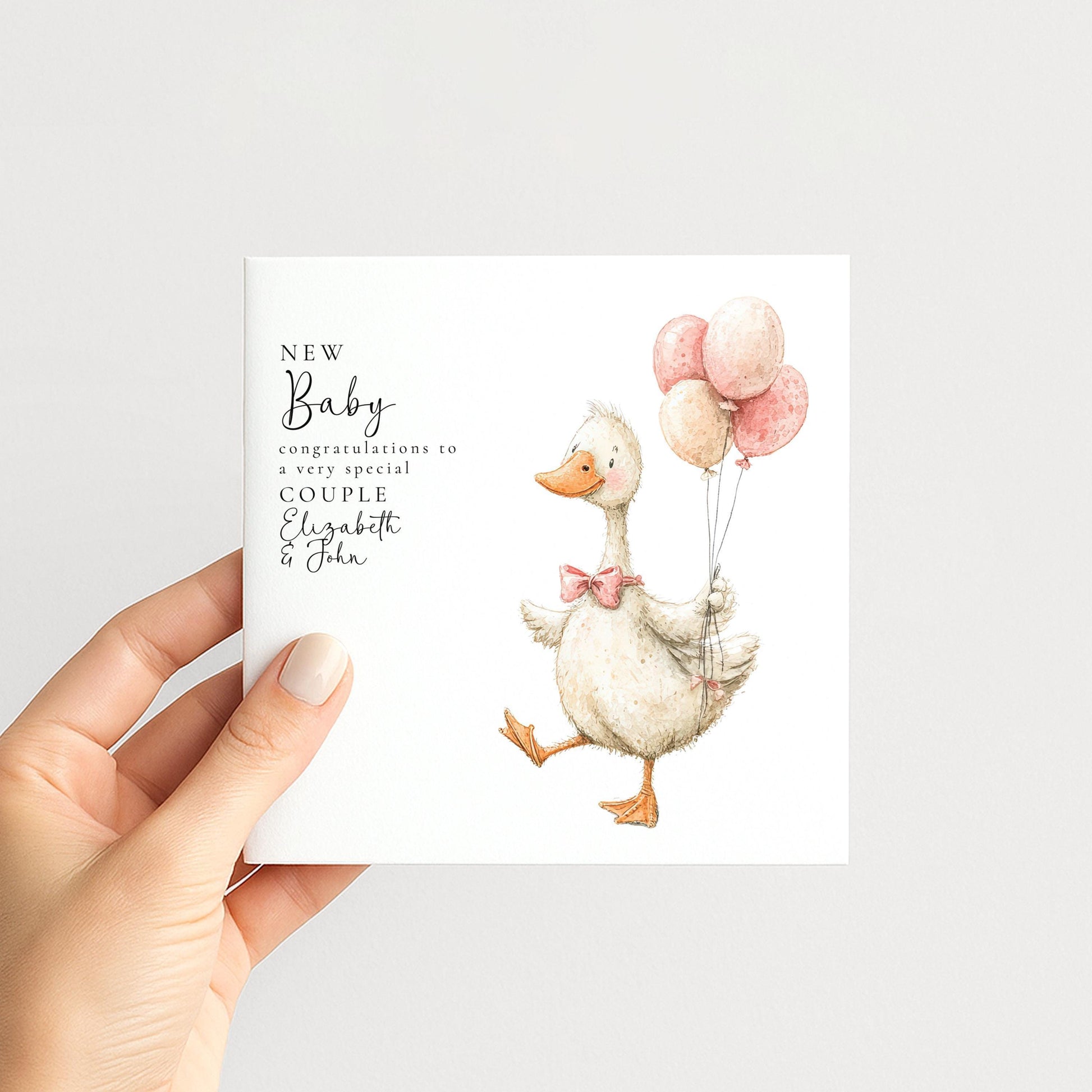 New Baby Card – Personalised Pink Balloon Card With Hand-Drawn Goose Design