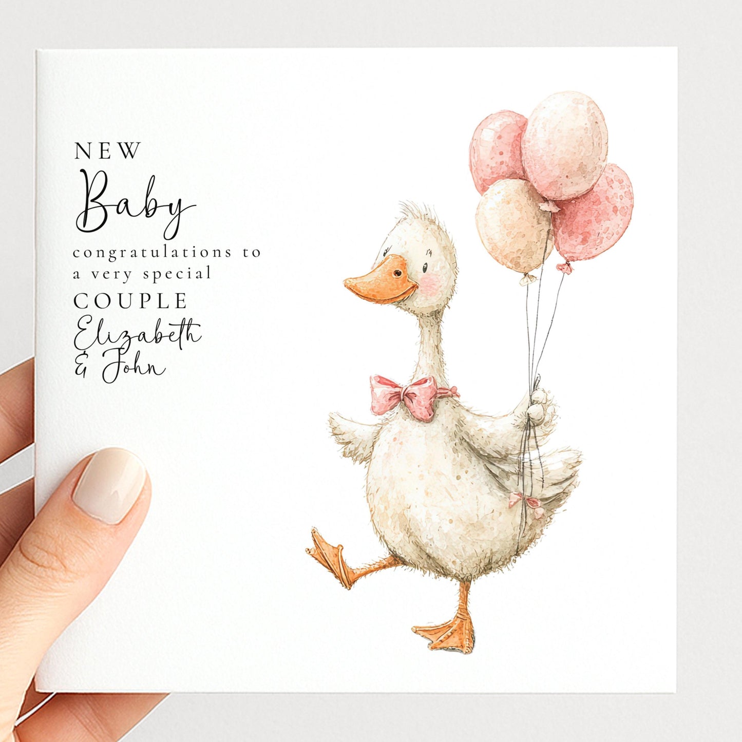 New Baby Card – Personalised Pink Balloon Card With Hand-Drawn Goose Design