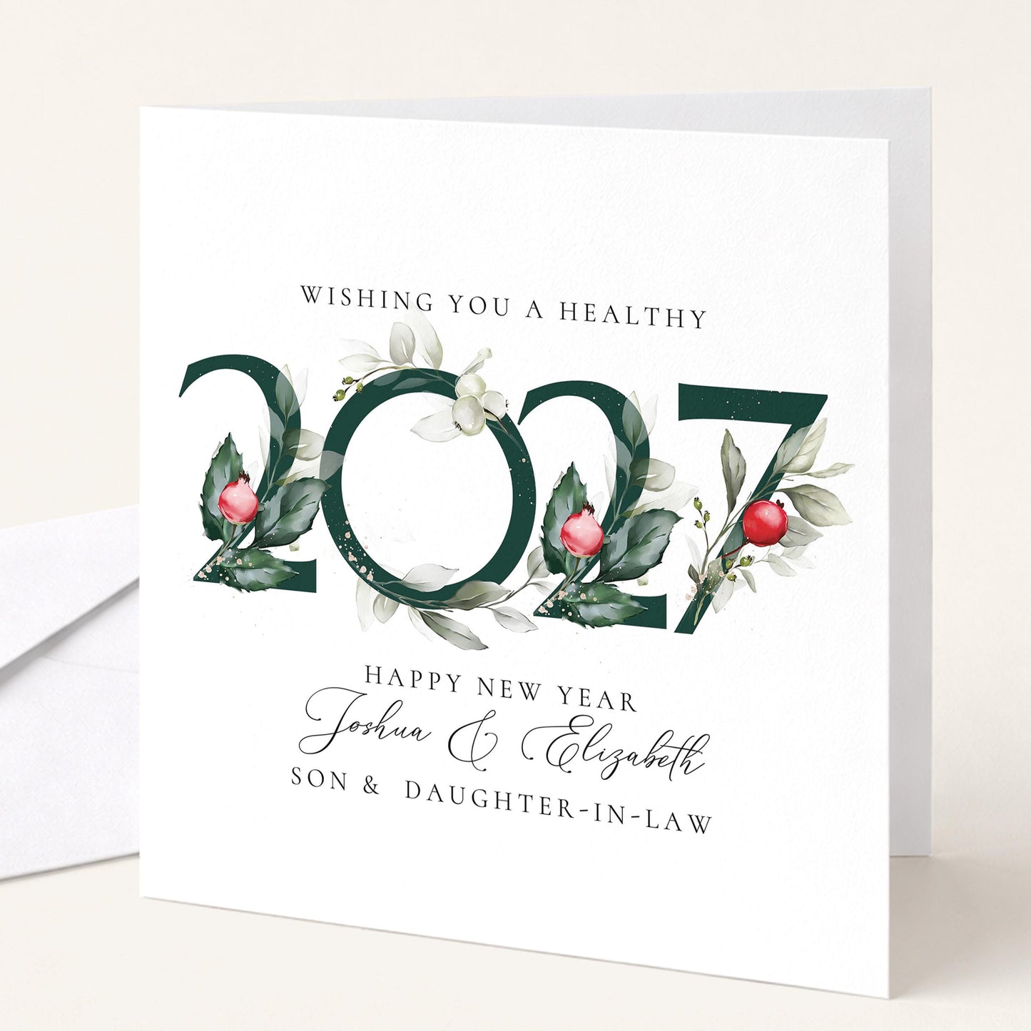 Personalised New Year Card Son and Daughter In Law, Happy New Year 2027 Card, Botanical New Year Card, Floral 2027 New Year Couple Card