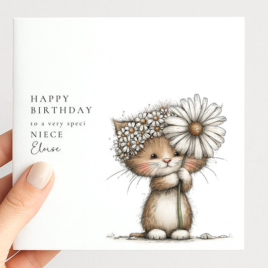 Niece Birthday Card – Personalised Name Detail | Cute Animal Illustration