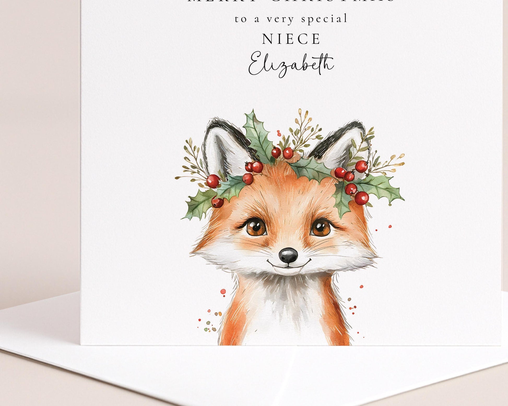 Niece Christmas Card – Personalised Woodland Holiday Card with Festive Fox
