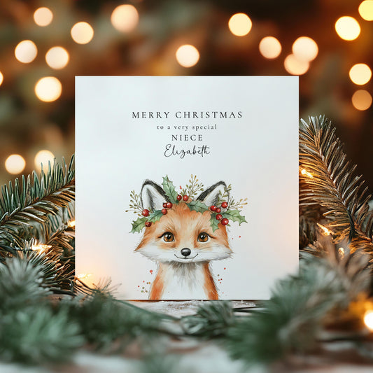 Niece Christmas Card – Personalised Woodland Holiday Card with Festive Fox