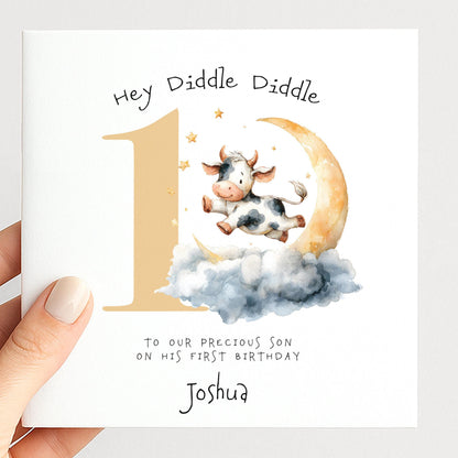 Personalised 1st Birthday Card – Hey Diddle Diddle Cow Jumping Moon Design