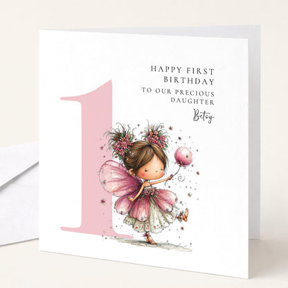 Personalised 1st Birthday Card for Girl Brunette Fairy