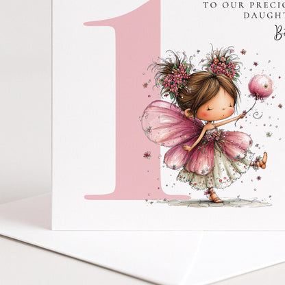 Personalised 1st Birthday Card for Girl Brunette Fairy