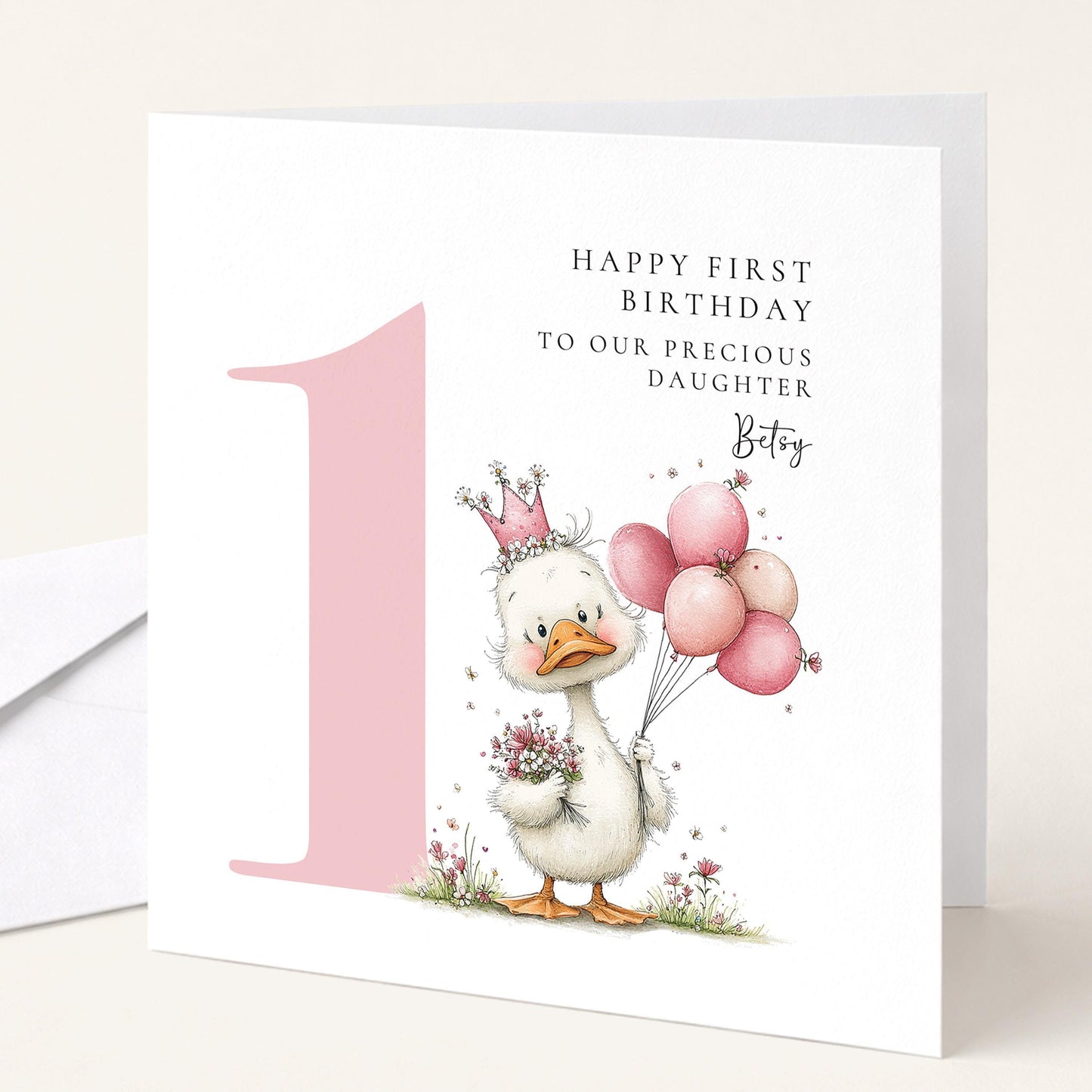 Personalised 1st Birthday Card for Girl Pink Duck