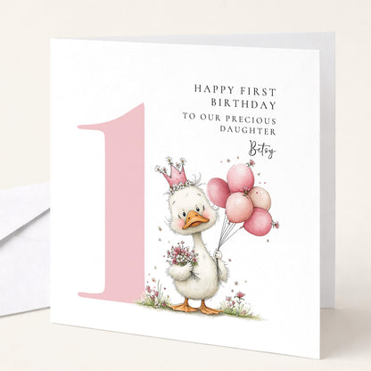 Personalised 1st Birthday Card for Girl Pink Duck