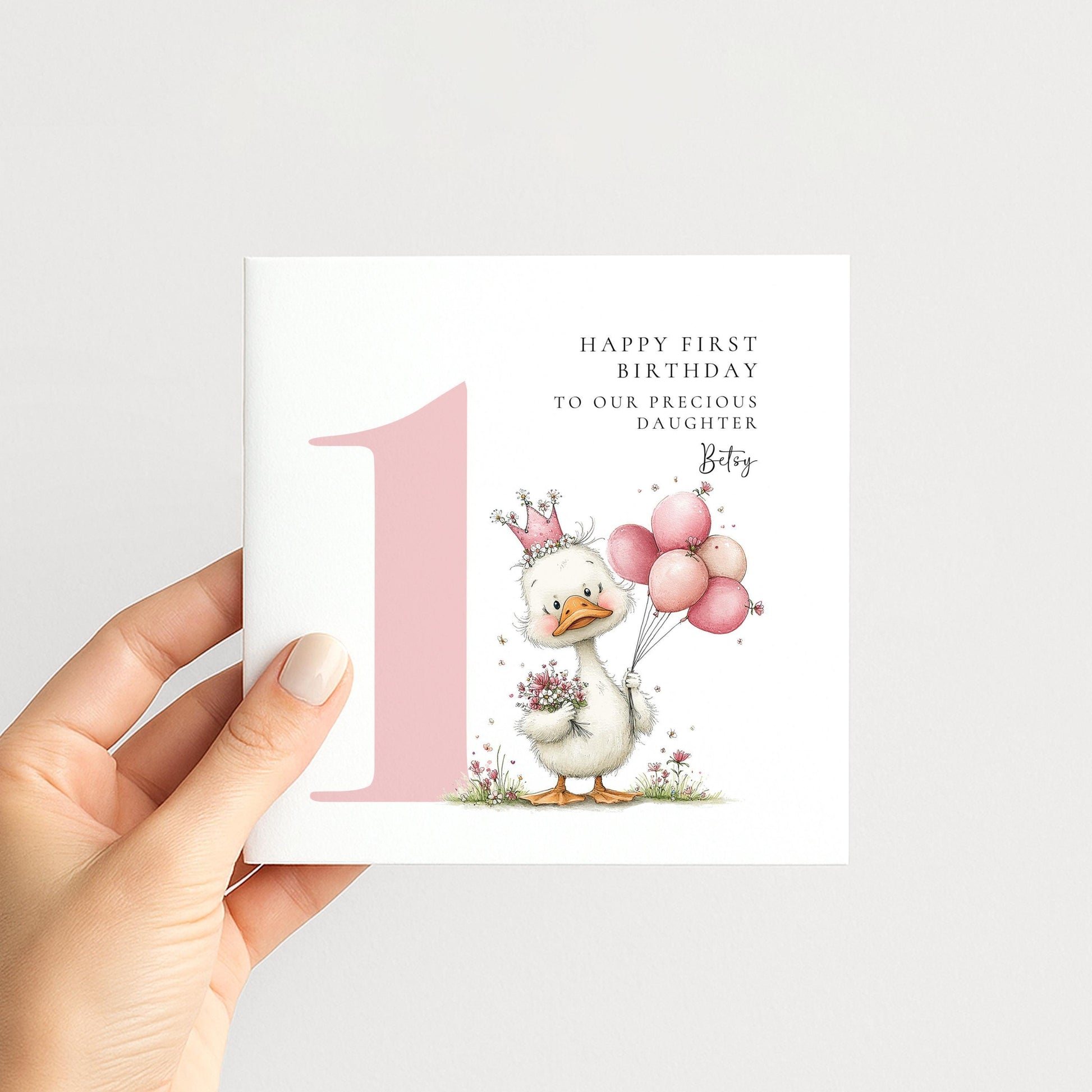 Personalised 1st Birthday Card for Girl Pink Duck