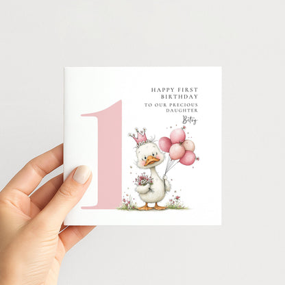Personalised 1st Birthday Card for Girl Pink Duck