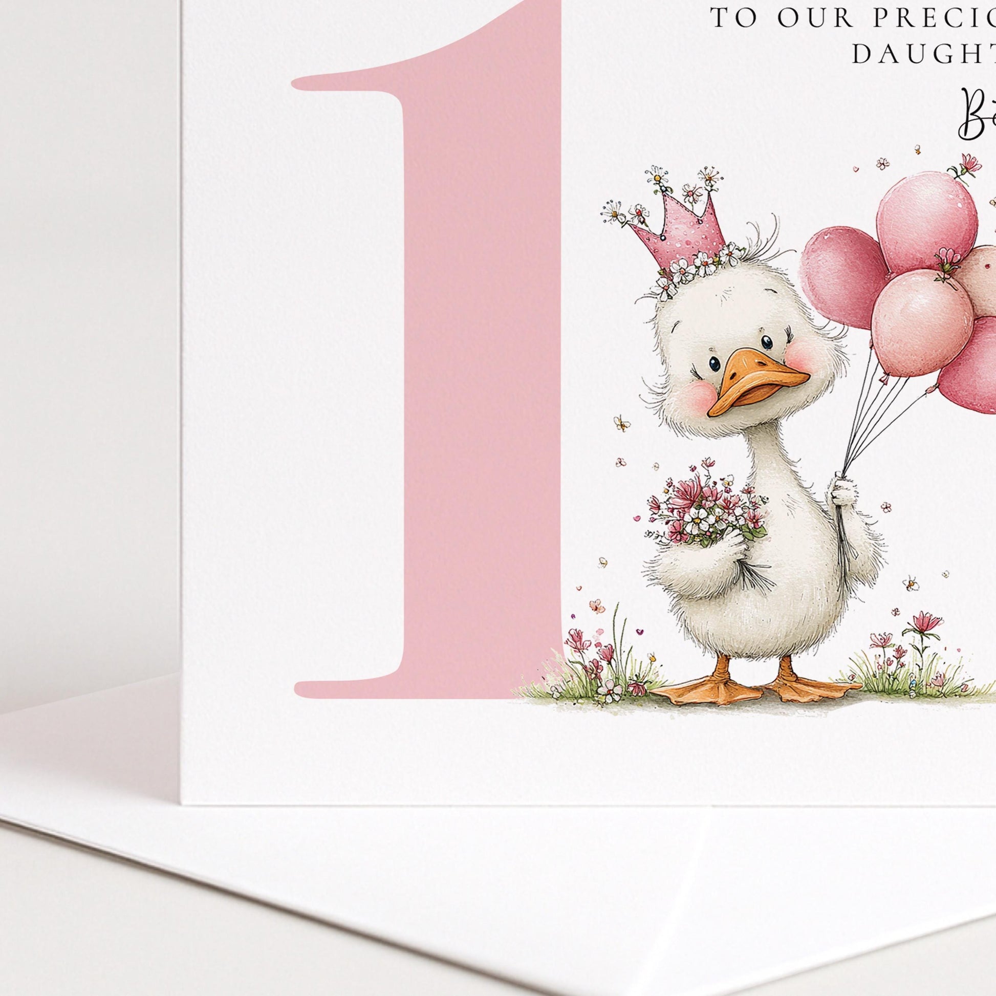 Personalised 1st Birthday Card for Girl Pink Duck