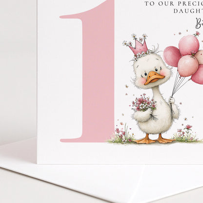 Personalised 1st Birthday Card for Girl Pink Duck