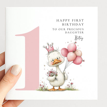 Personalised 1st Birthday Card for Girl Pink Duck
