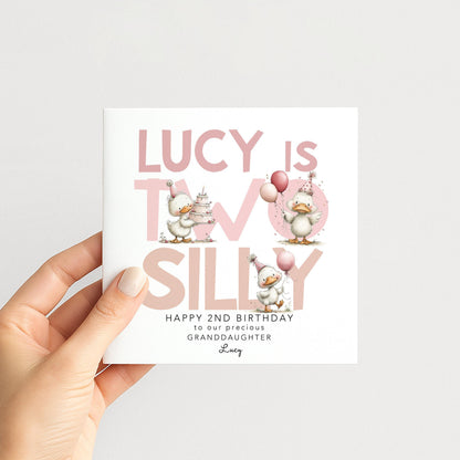 Personalised 2nd Birthday Card Granddaughter Two Silly Duck