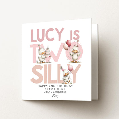 Personalised 2nd Birthday Card Granddaughter Two Silly Duck