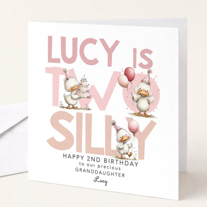 Personalised 2nd Birthday Card Granddaughter Two Silly Duck
