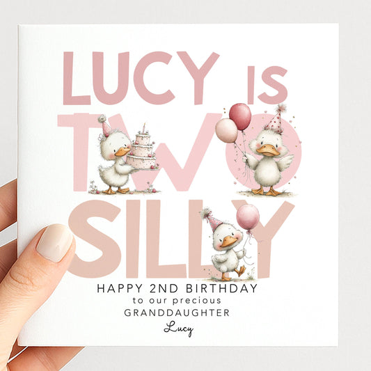 Personalised 2nd Birthday Card Granddaughter Two Silly Duck