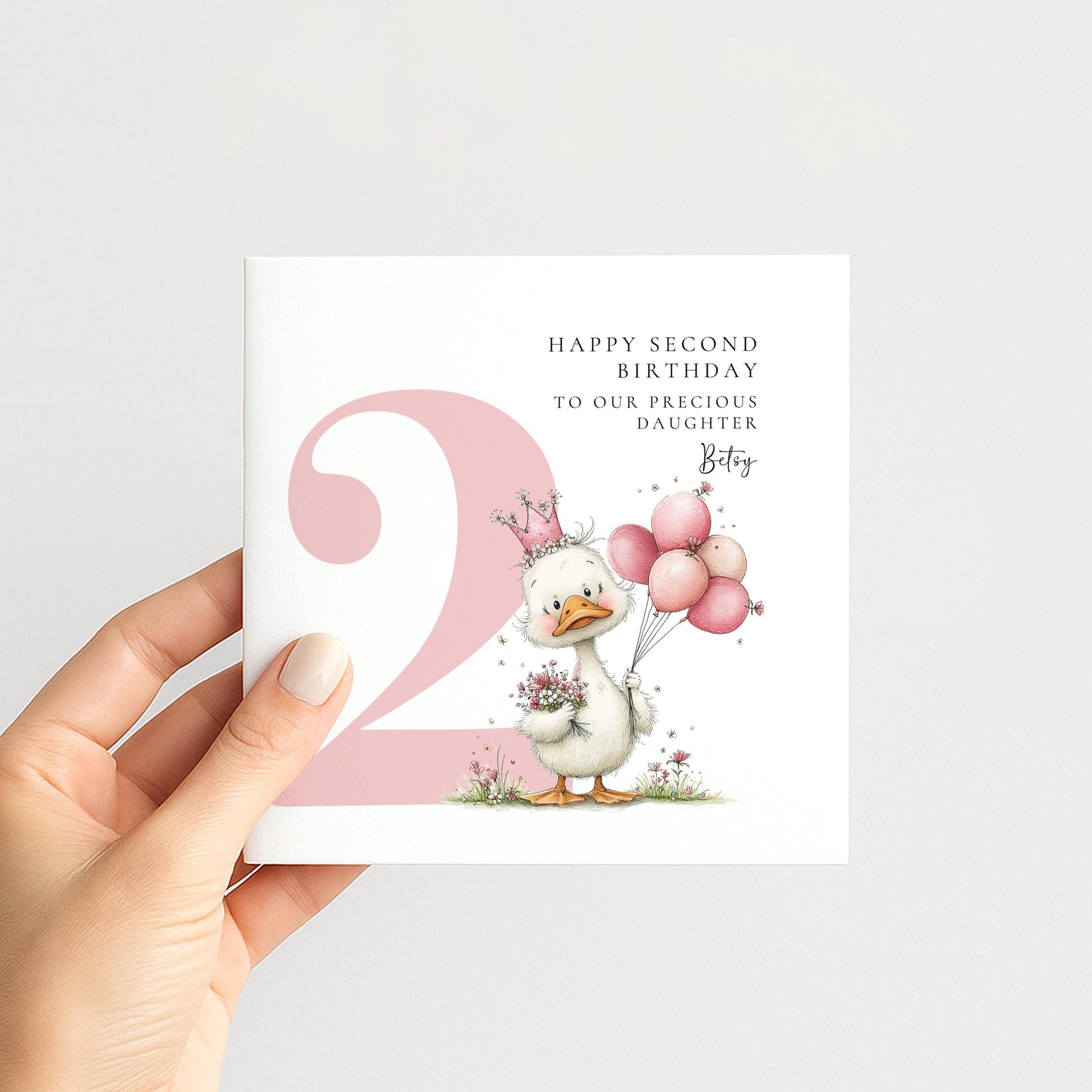 Personalised 2nd Birthday Card for Girl Pink Duck