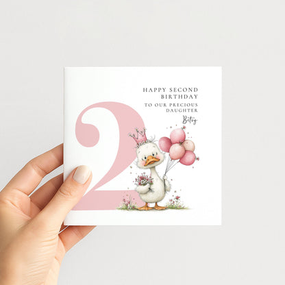 Personalised 2nd Birthday Card for Girl Pink Duck
