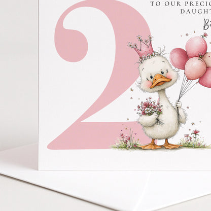 Personalised 2nd Birthday Card for Girl Pink Duck
