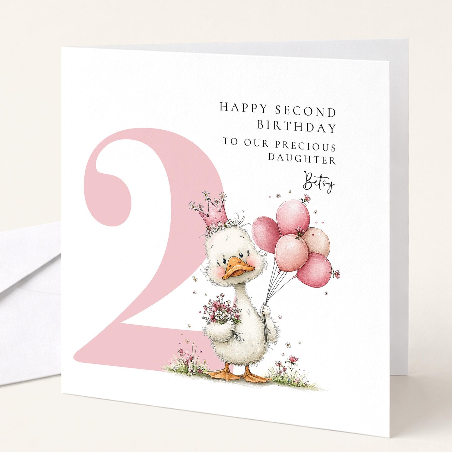 Personalised 2nd Birthday Card for Girl Pink Duck