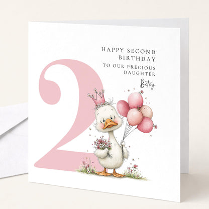 Personalised 2nd Birthday Card for Girl Pink Duck