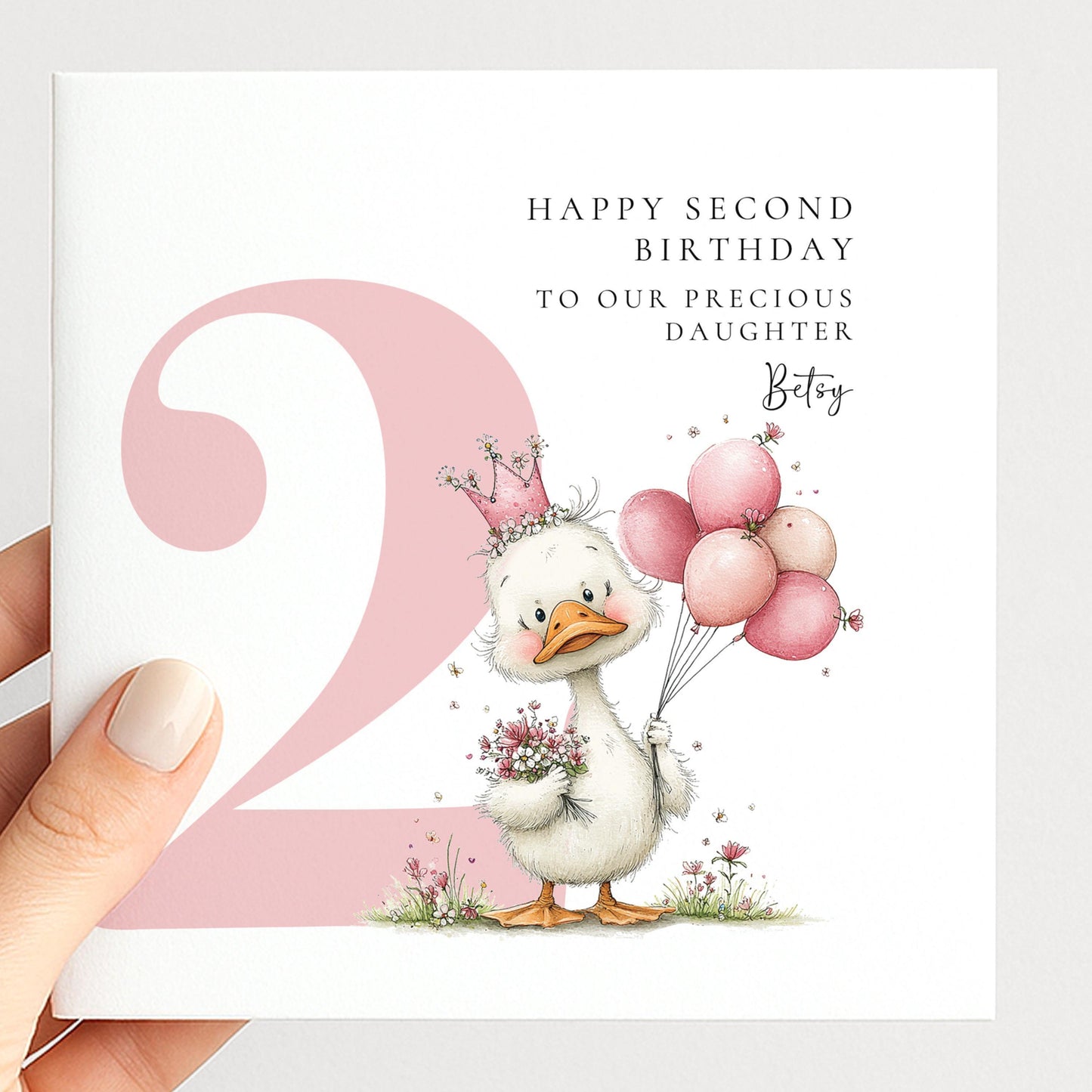 Personalised 2nd Birthday Card for Girl Pink Duck