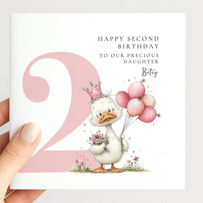 Personalised 2nd Birthday Card for Girl Pink Duck