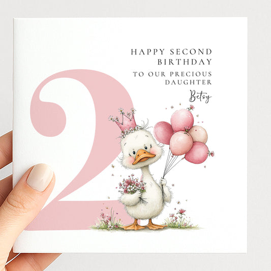 Personalised 2nd Birthday Card for Girl Pink Duck