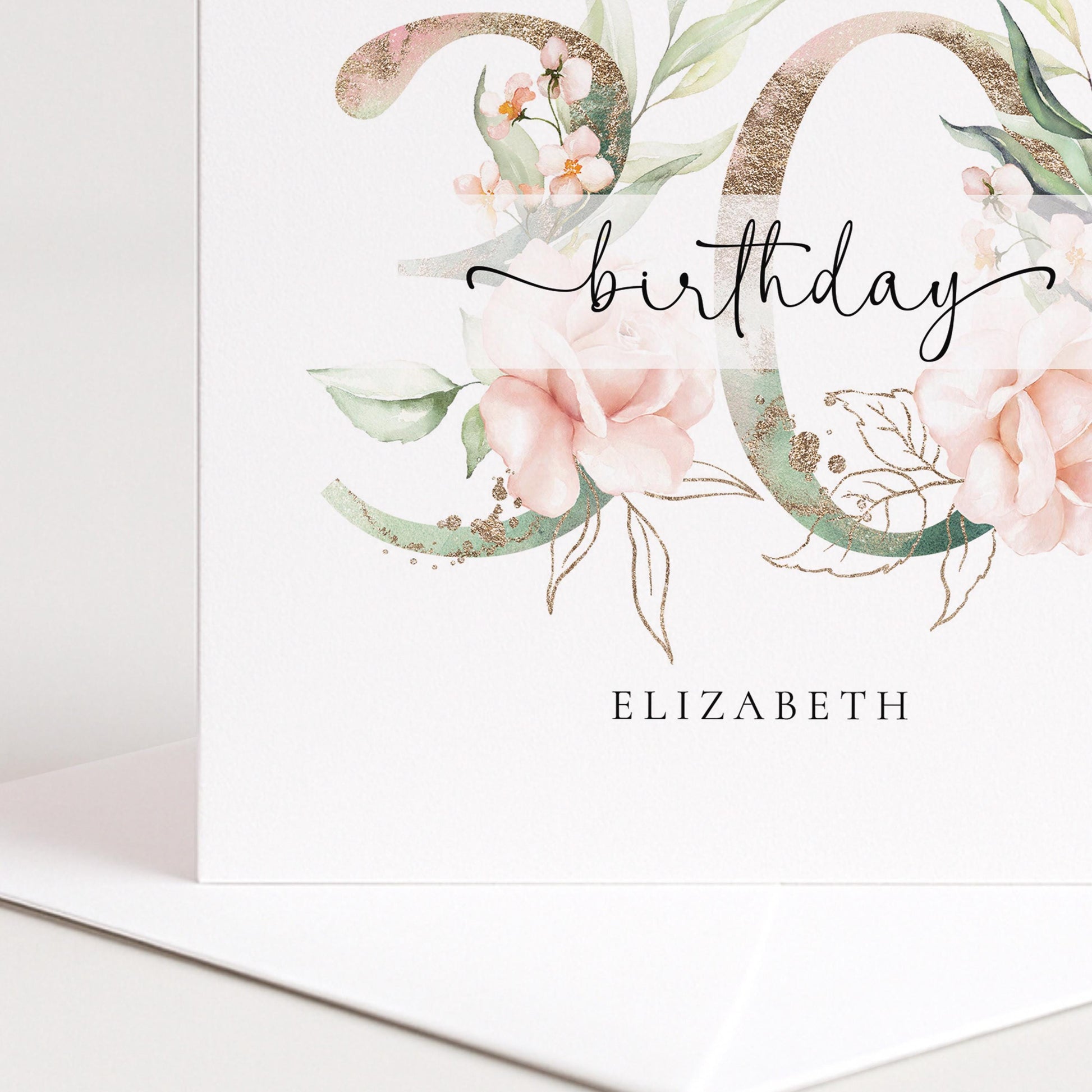 Personalised 30th Birthday Card - Elegant Floral Design With Gold Accents