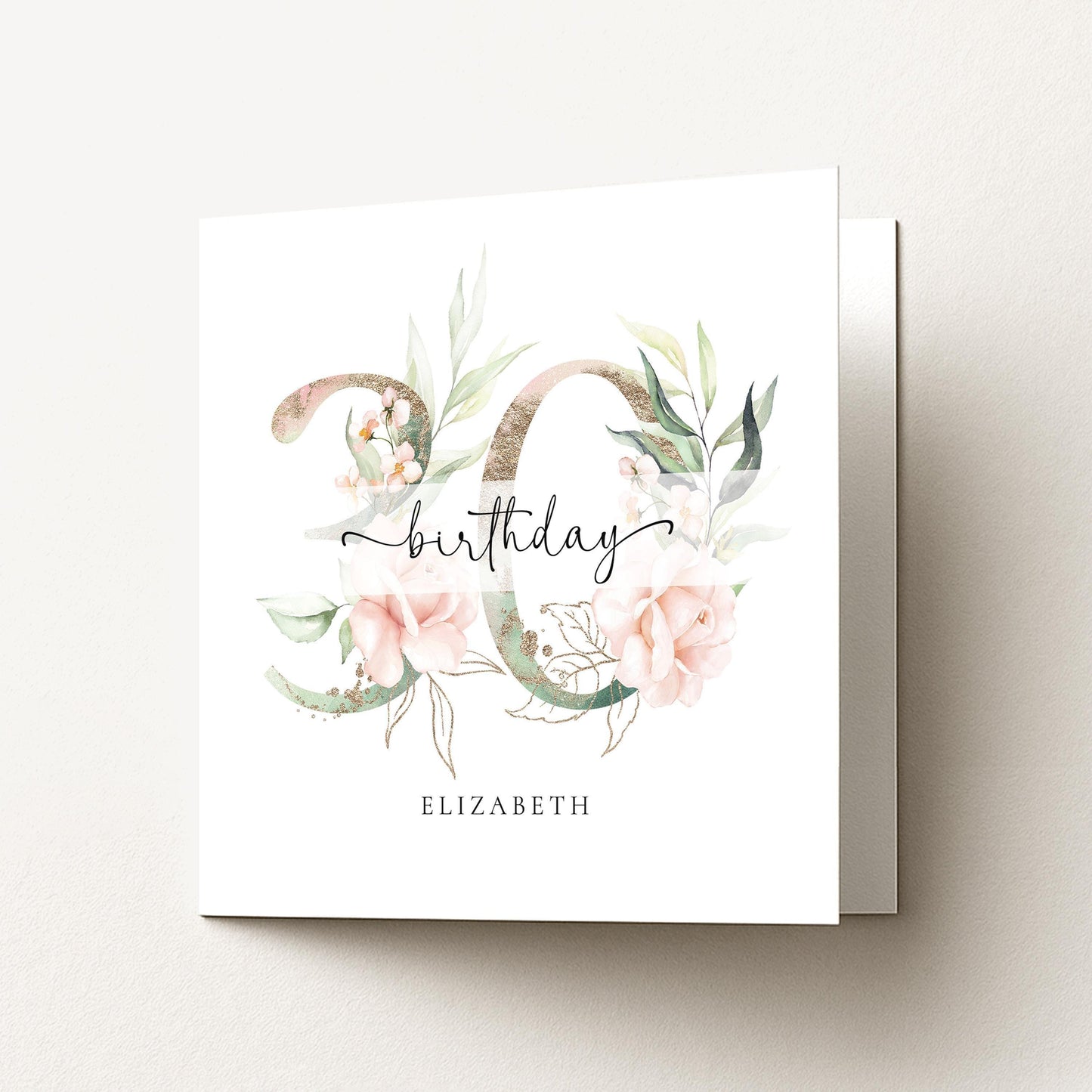 Personalised 30th Birthday Card - Elegant Floral Design With Gold Accents