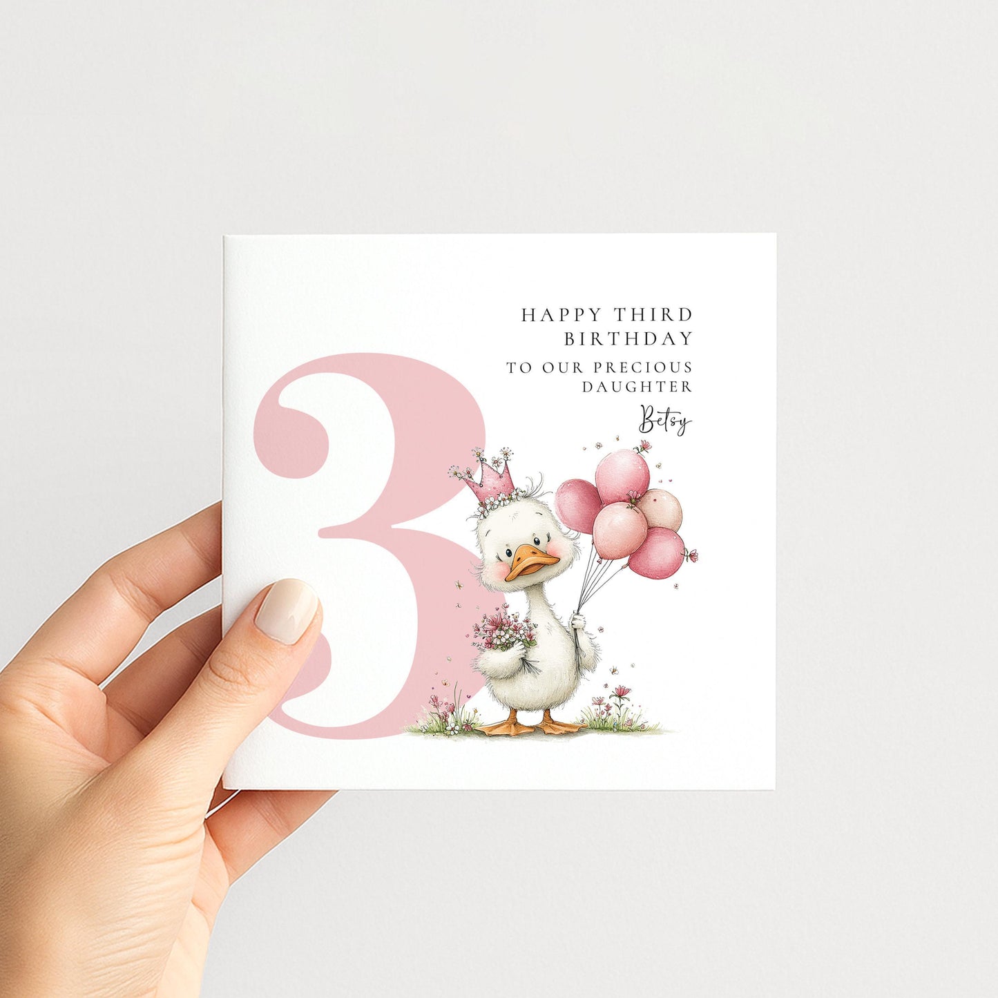 Personalised 3rd Birthday Card for Girl Pink Duck