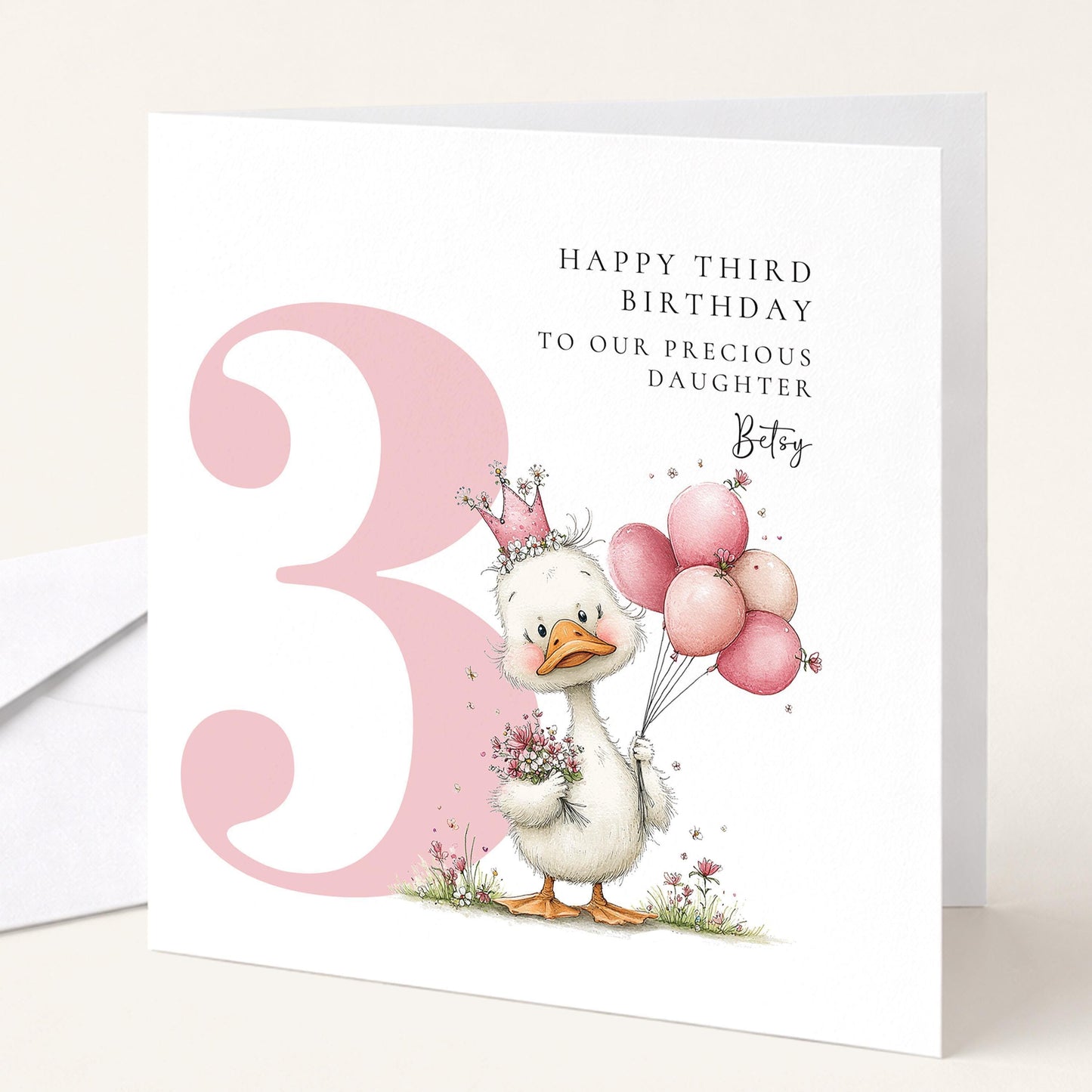 Personalised 3rd Birthday Card for Girl Pink Duck