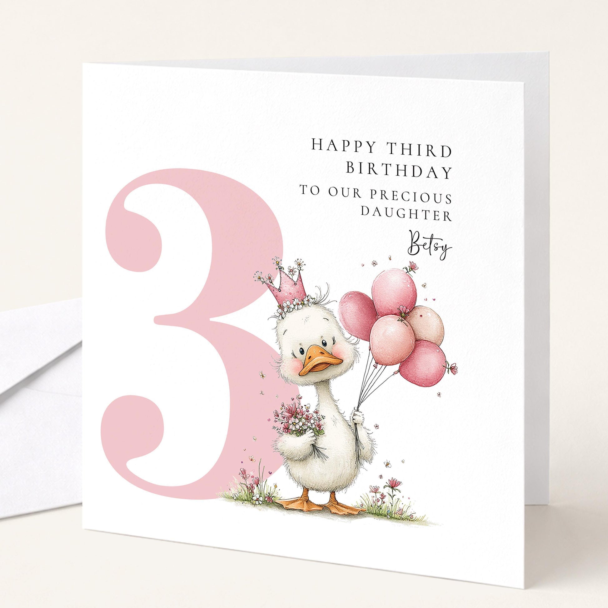 Personalised 3rd Birthday Card for Girl Pink Duck