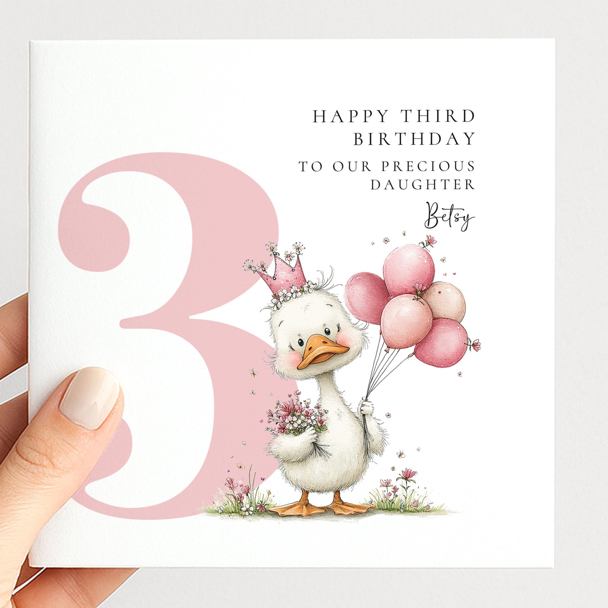 Personalised 3rd Birthday Card for Girl Pink Duck