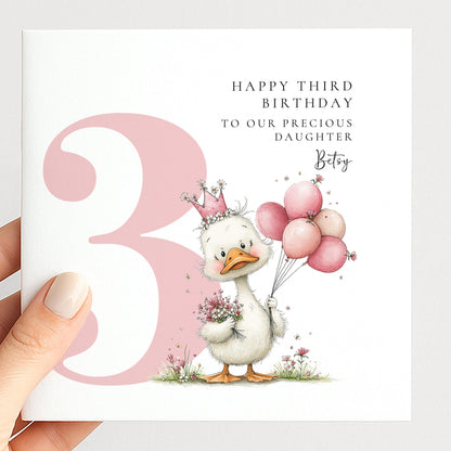 Personalised 3rd Birthday Card for Girl Pink Duck