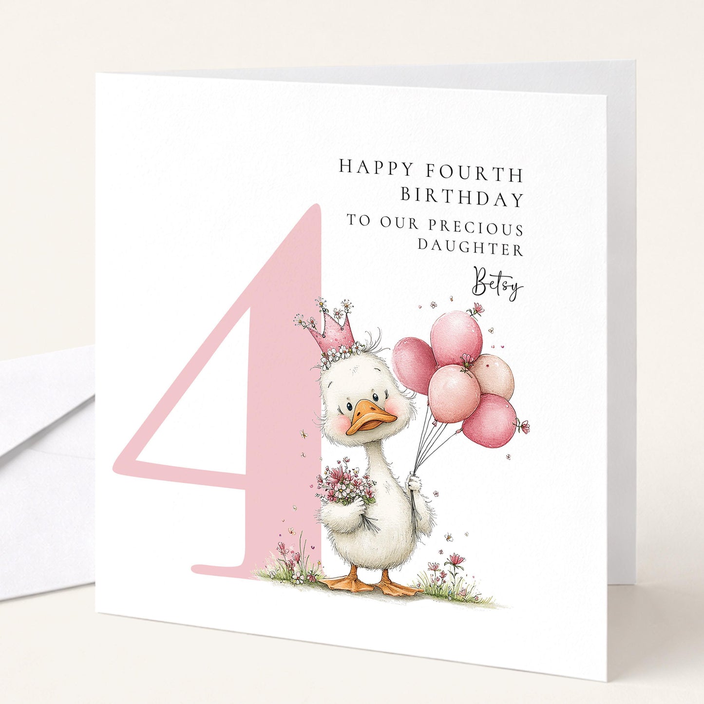 Personalised 4th Birthday Card for Girl Pink Duck