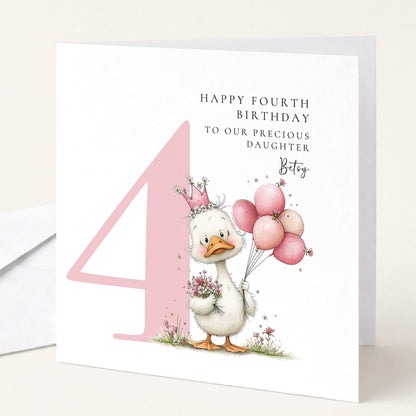 Personalised 4th Birthday Card for Girl Pink Duck