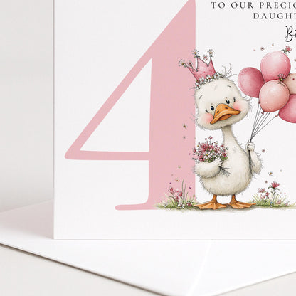 Personalised 4th Birthday Card for Girl Pink Duck