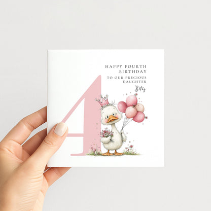 Personalised 4th Birthday Card for Girl Pink Duck