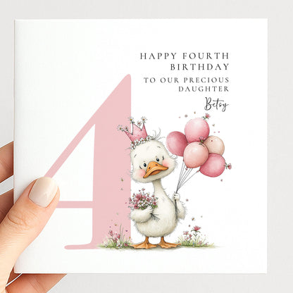 Personalised 4th Birthday Card for Girl Pink Duck