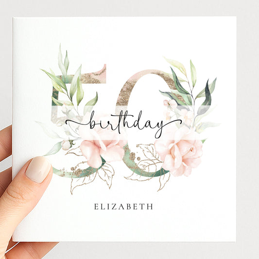 Personalised 50th Birthday Card - Elegant Floral Milestone Keepsake Gift