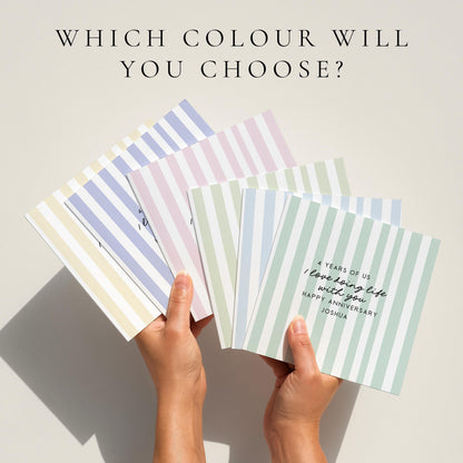 Personalised Anniversary Card – Modern Striped Greeting With Soft Colour Options