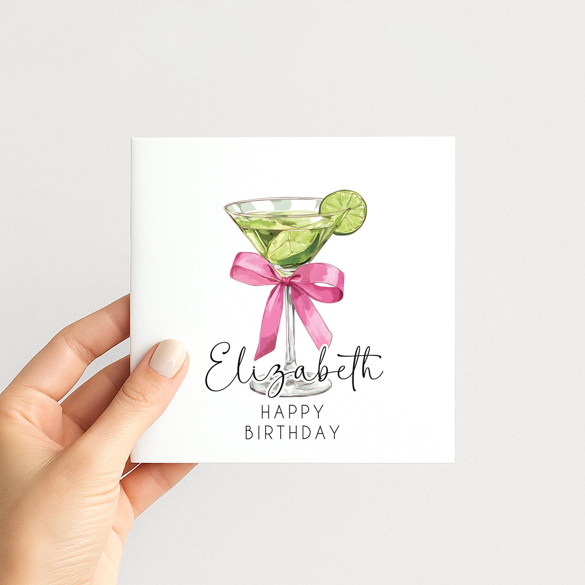Personalised Birthday Card - Chic Lime Martini Cocktail With Pink Bow Envelope