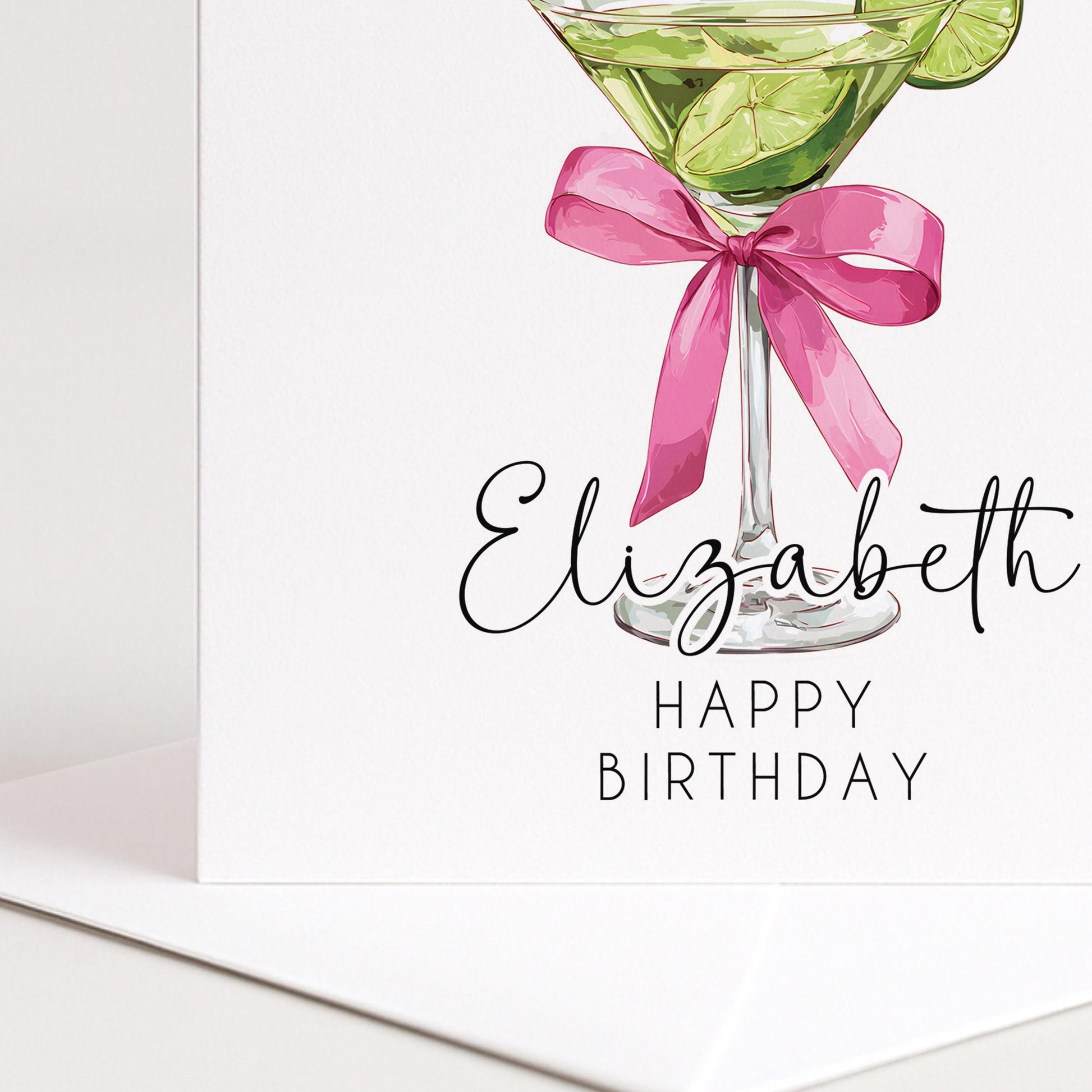 Personalised Birthday Card - Chic Lime Martini Cocktail With Pink Bow Envelope