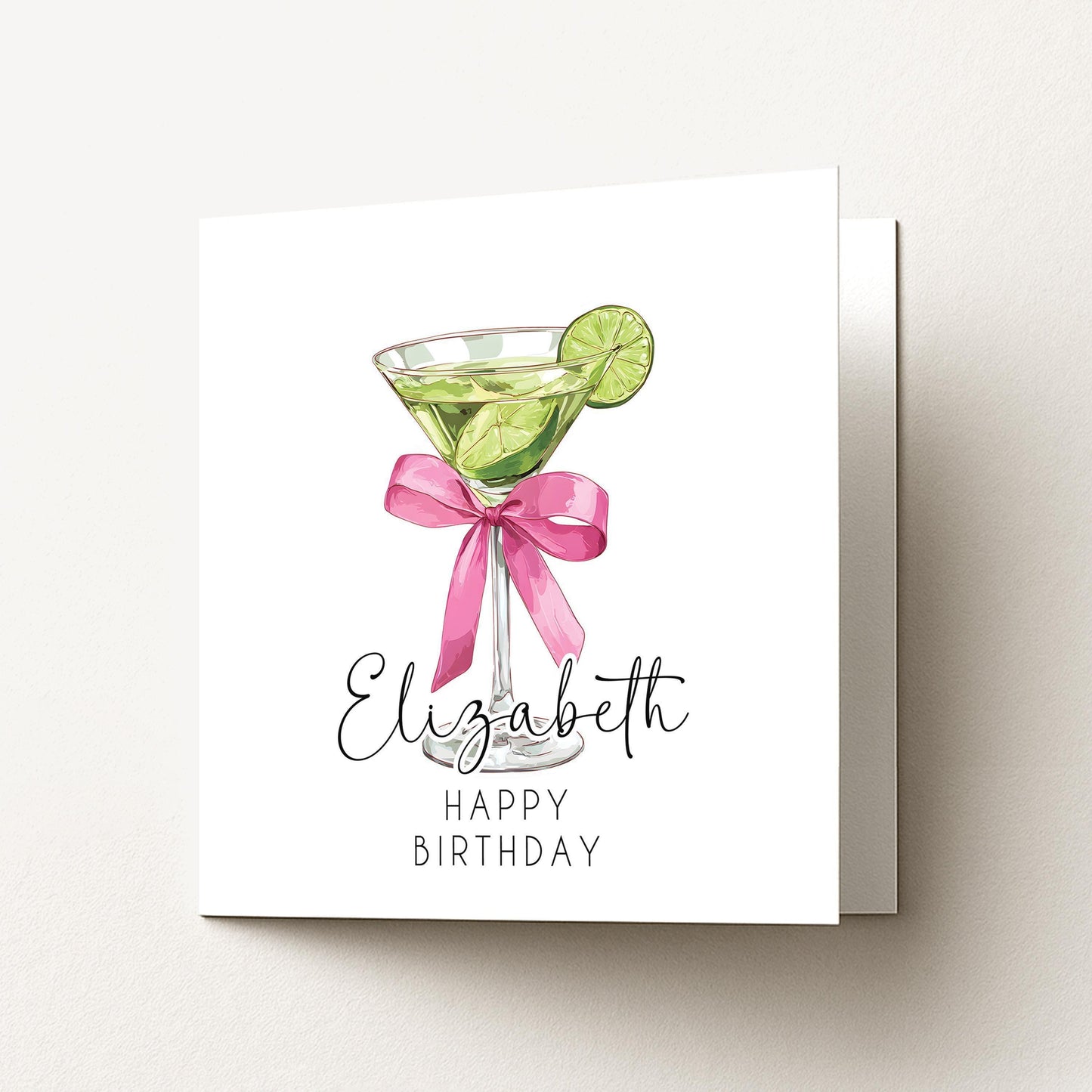 Personalised Birthday Card - Chic Lime Martini Cocktail With Pink Bow Envelope